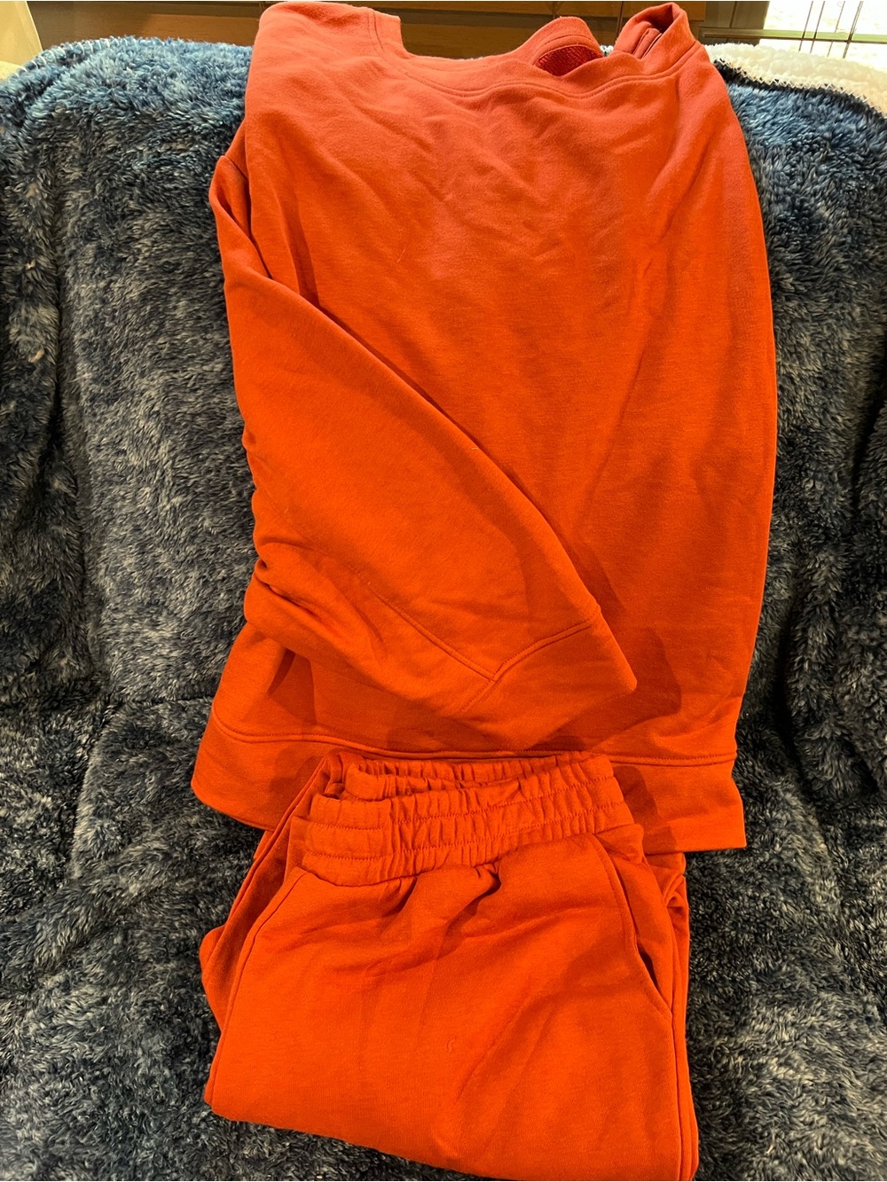 Soft Red Crewneck Sweatshirt and Jogger Set looks orange but is burnt red.